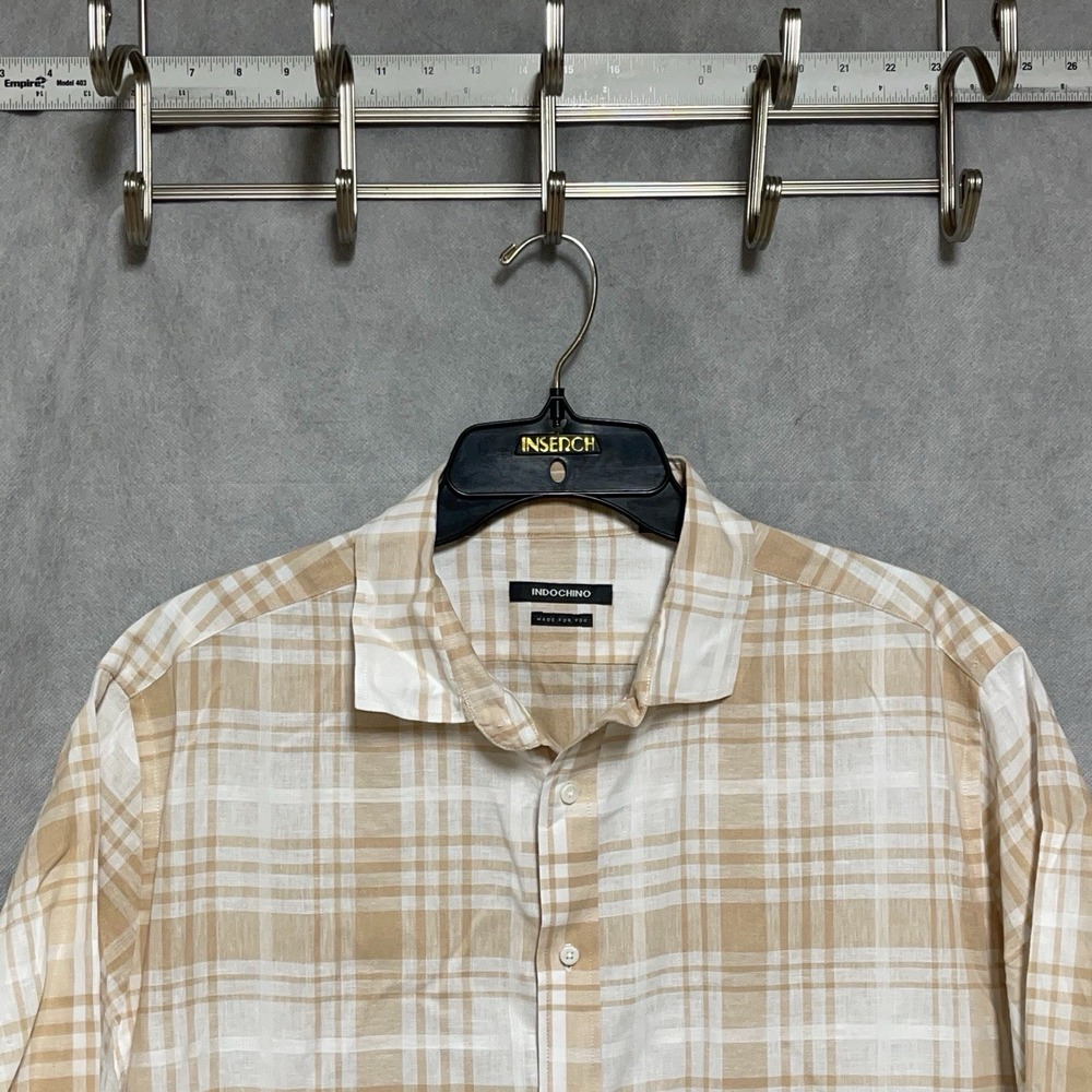 Indochino Shirt Men 2XLT Beige Tartan Plaid Linen Cotton Button Casual Academia